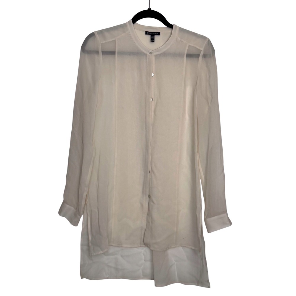 Eileen Fisher Bone Silk Georgette Band Collar Tunic Blouse XS Long Sleeve Sheer